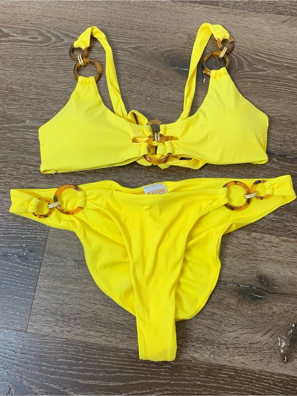 Bahimi yellow ribbed cheeky / tie back bikini set swim L